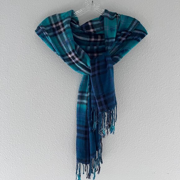 Unisex Scarf / Sash - Green, Blue, Gray Tartan Plaid Fringed Ends (64x18) Cozy - Picture 2 of 3